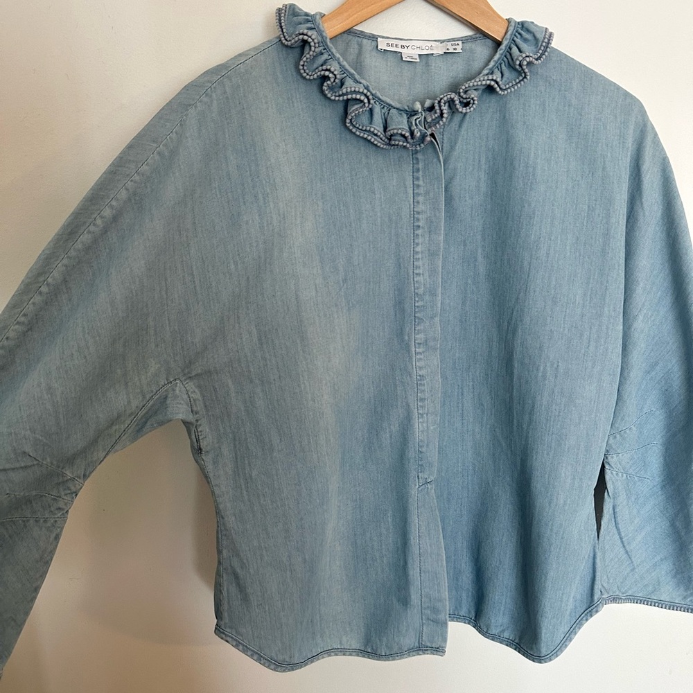 See By Chloe Size 10 Blue Ruffled Denim Top Button Down Chambray